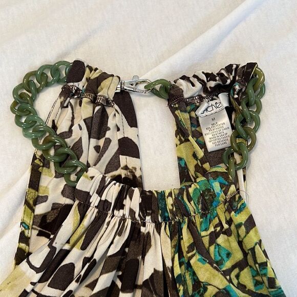 Cache unique szM green brown print with large plastic chain sleeveless top EUC - Picture 10 of 15